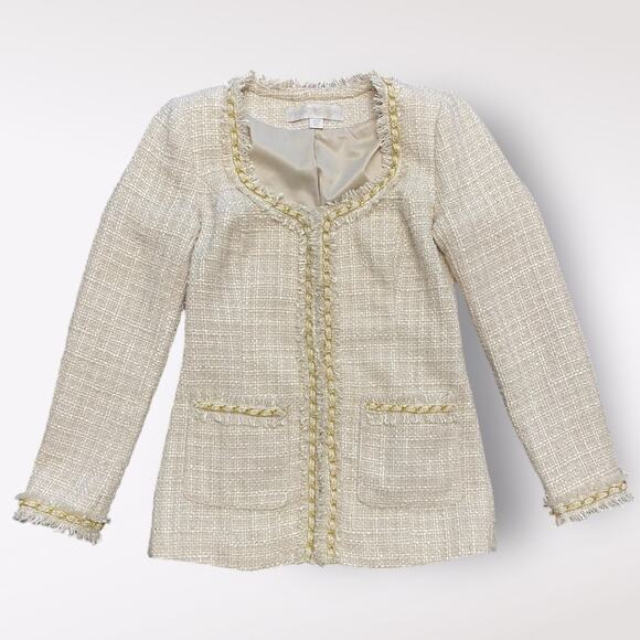 Boston Proper White Gold Tweed Blazer Jacket Chain Detail‎ Size 0 - Picture 1 of 9